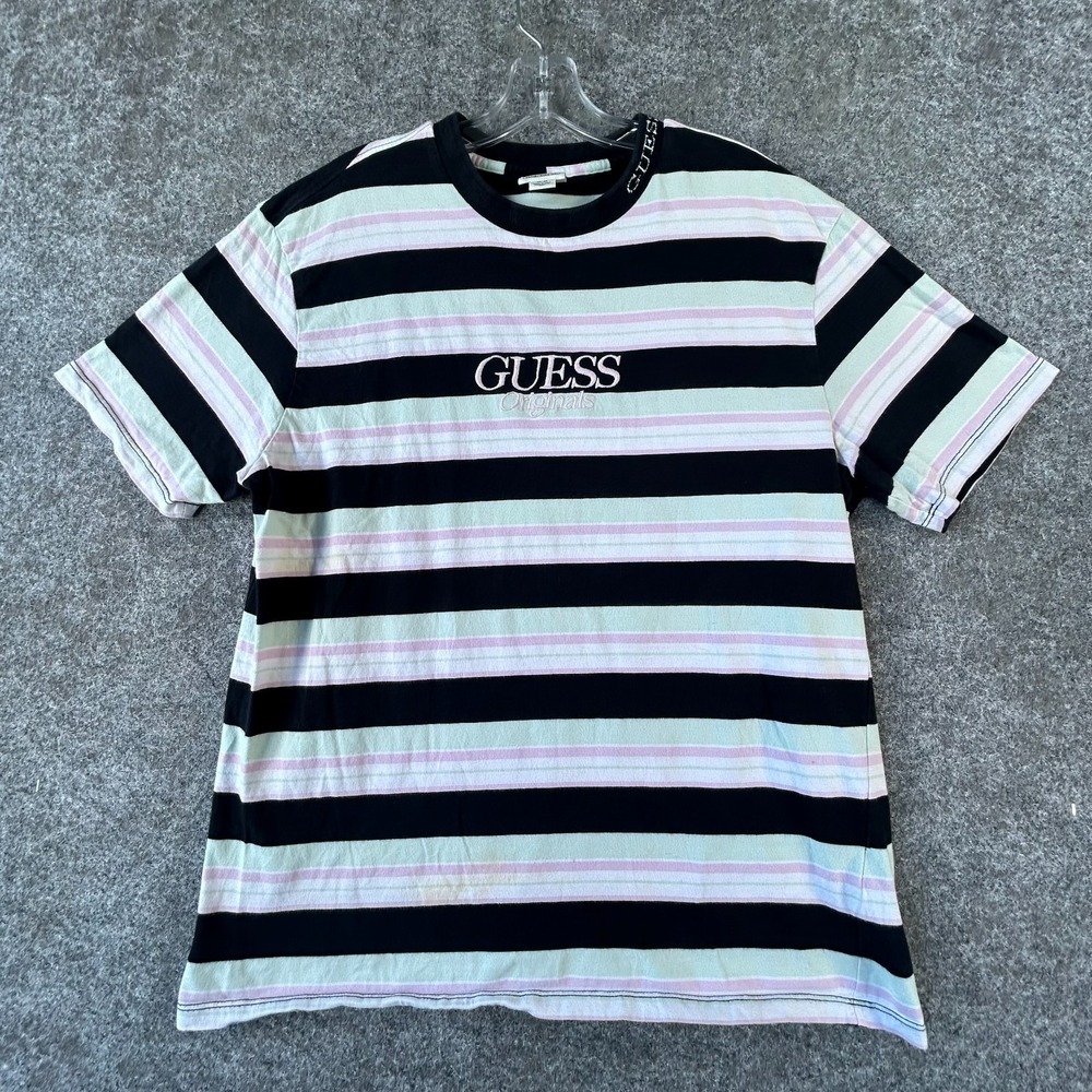 Guess Originals Crewneck T-Shirt Mens M White Black Striped Rogers Short Sleeve - Picture 1 of 16